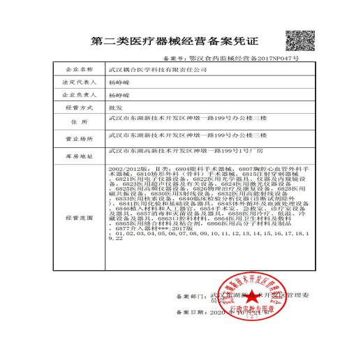 武汉耦合医学-第二类医疗器械经营备案凭证